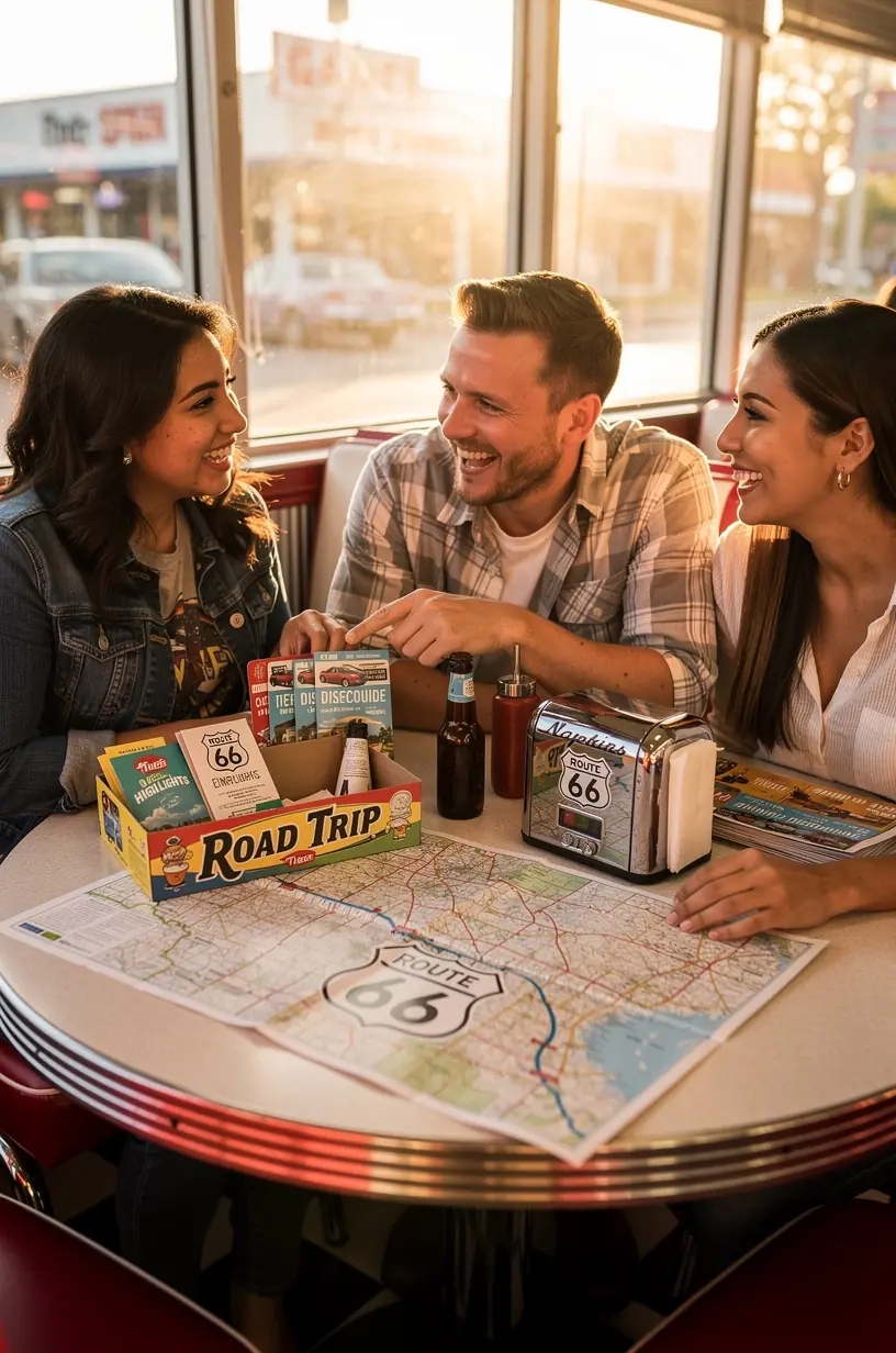 Коробка подписки с тематикой путешествий по маршруту 66, включающая физический путеводитель и скидочные купоны, на фоне карты США.