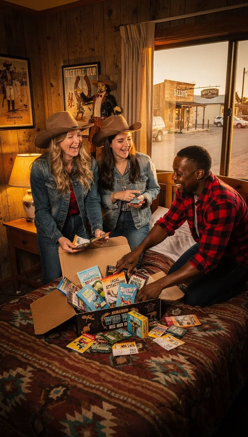 Изображение набора для путешествий в стиле Дикого Запада с брошюрой, картой и пропуском на скидку для туристов.